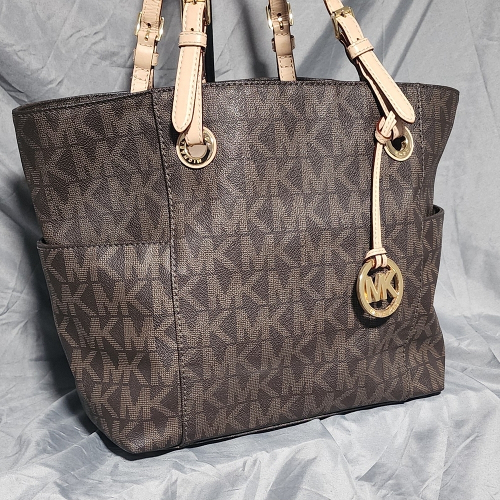 Michael Kors Jet Set Medium Logo Pocket Tote Bag Brown Leather Purse Shoulderbag